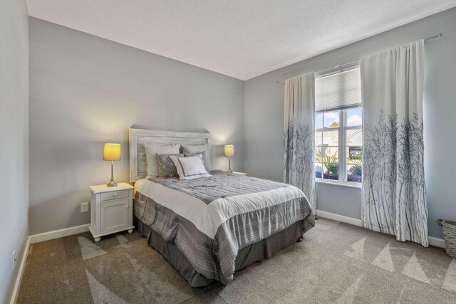 bedroom with carpet and a textured ceiling