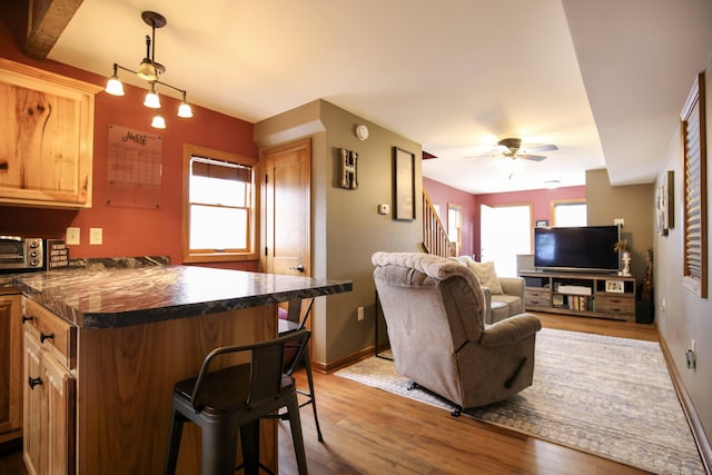 kitchen featuring a breakfast bar, ceiling fan, light hardwood / wood-style flooring, and a healthy amount of sunlight