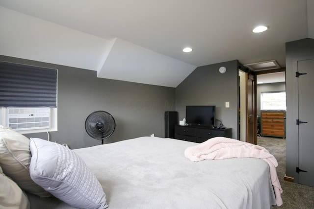 bedroom featuring carpet flooring, cooling unit, and lofted ceiling