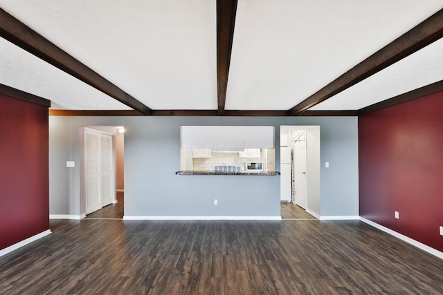 unfurnished living room with beam ceiling and dark hardwood / wood-style flooring