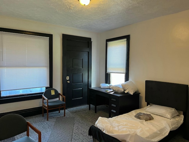 bedroom with carpet and a textured ceiling