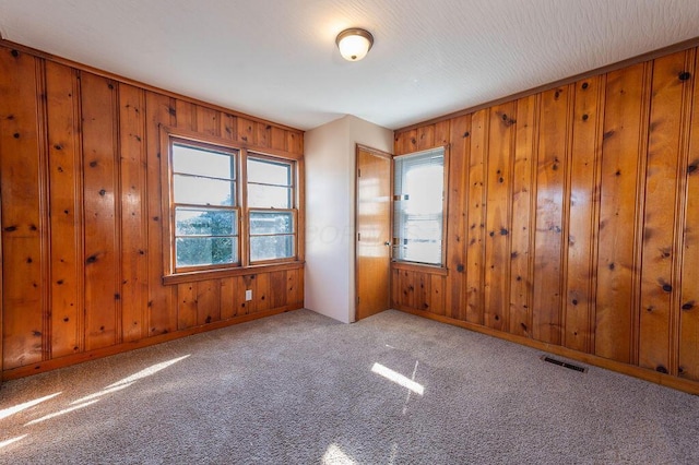 carpeted spare room featuring wooden walls