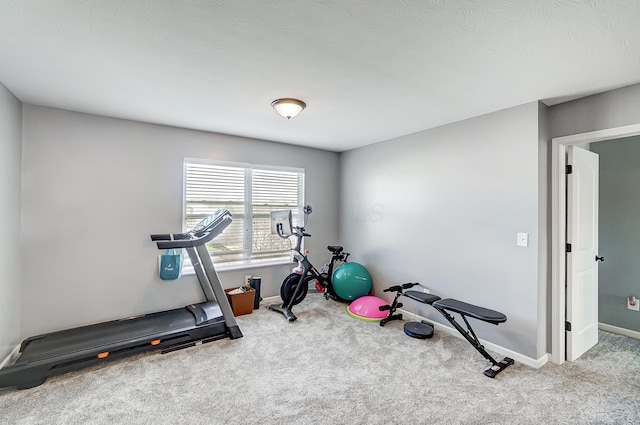 exercise room featuring light colored carpet