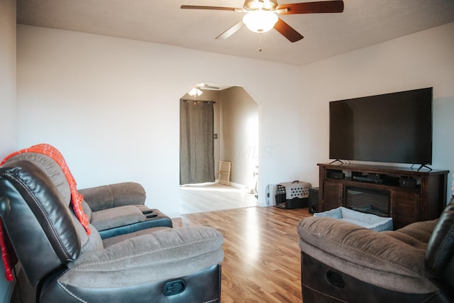 living room with ceiling fan and light hardwood / wood-style floors