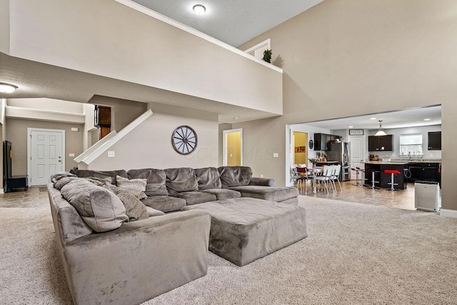 living area featuring light colored carpet and a high ceiling