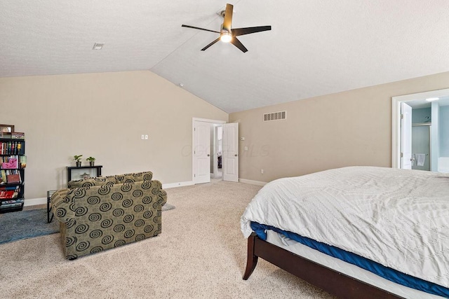 carpeted bedroom featuring a ceiling fan, lofted ceiling, baseboards, and visible vents