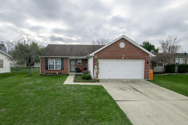 ranch-style house featuring a garage and a front lawn