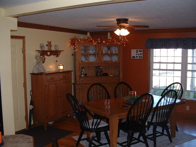 dining room featuring wood-type flooring, a textured ceiling, ceiling fan, and ornamental molding