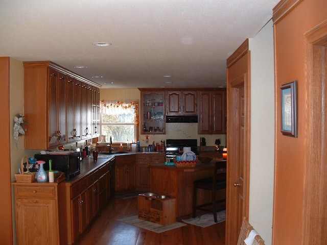 kitchen with sink, dark wood-type flooring, and black gas range oven