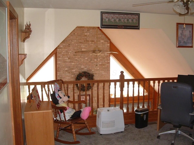 home office featuring carpet flooring and ceiling fan