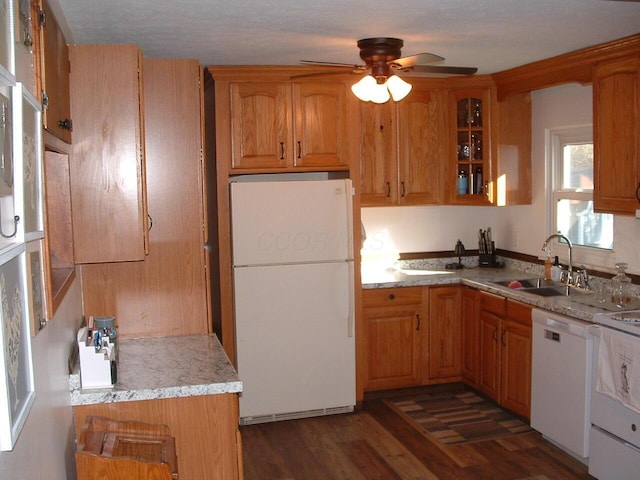 kitchen with dark hardwood / wood-style flooring, white appliances, ceiling fan, and sink