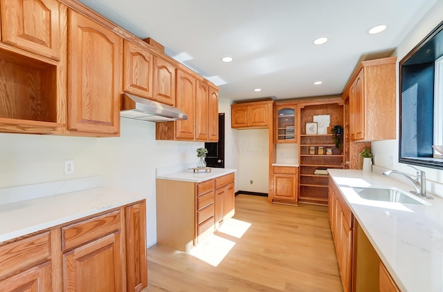 kitchen featuring light stone countertops, light wood-type flooring, and sink