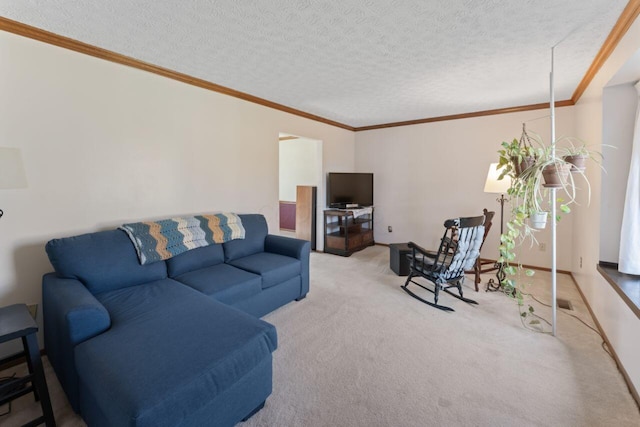 living room featuring carpet floors, a textured ceiling, and ornamental molding