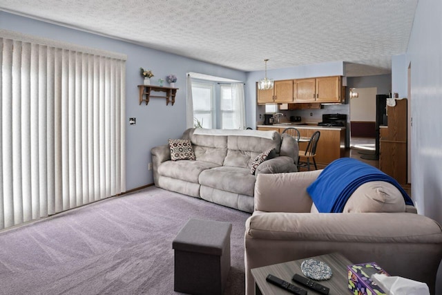 carpeted living room featuring a textured ceiling