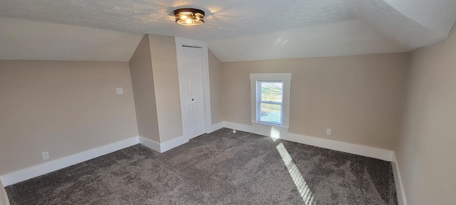 additional living space with dark colored carpet, a textured ceiling, and vaulted ceiling