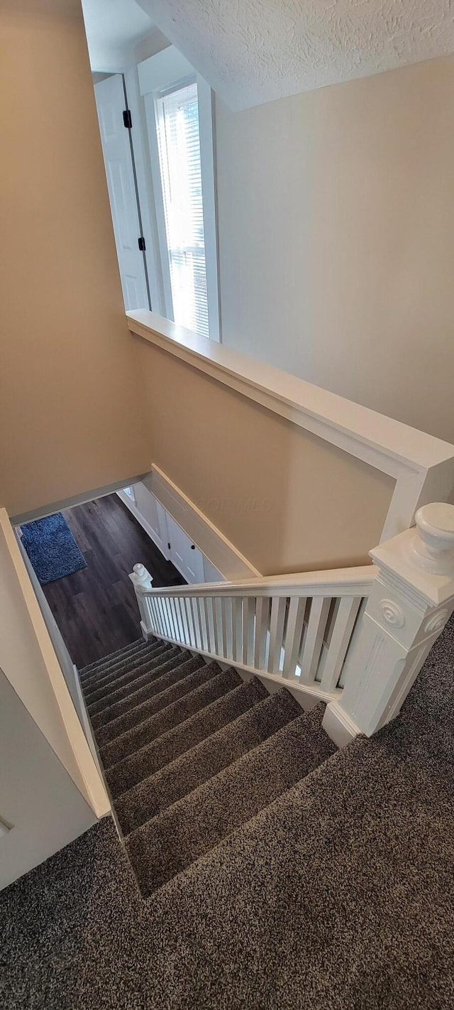 staircase with carpet and a textured ceiling