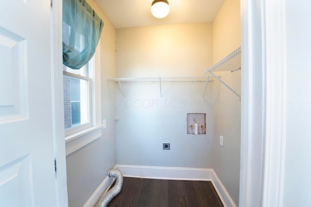 laundry area with hookup for an electric dryer, wood-type flooring, and washer hookup