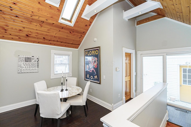 dining room with dark wood-style floors, a skylight, and baseboards