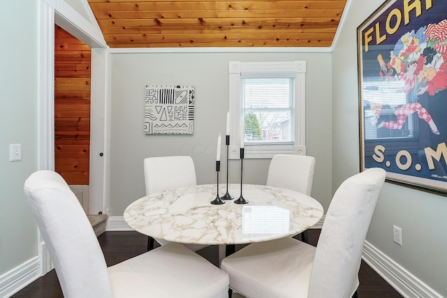 dining space featuring wooden ceiling, vaulted ceiling, and baseboards