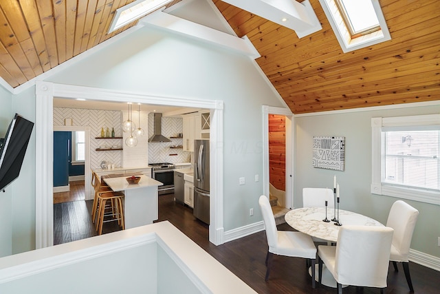 dining space with a skylight, dark wood-style flooring, wood ceiling, high vaulted ceiling, and baseboards