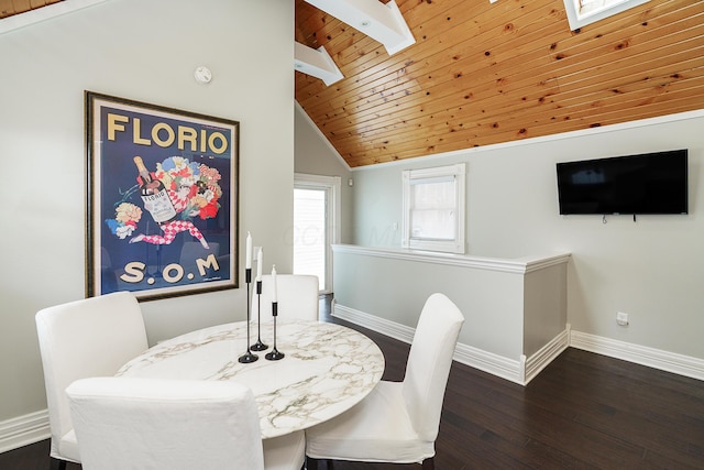 dining space with vaulted ceiling with skylight, wood ceiling, dark wood finished floors, and baseboards