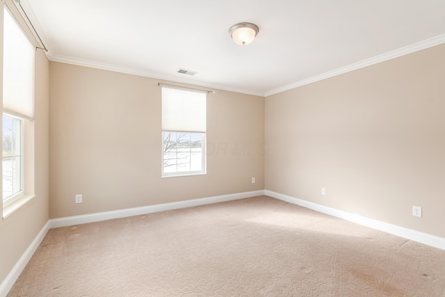 carpeted spare room featuring crown molding