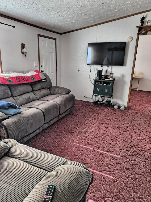 living room with carpet flooring, crown molding, and a textured ceiling