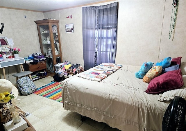 tiled bedroom with crown molding