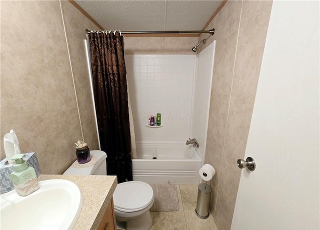 full bathroom featuring vanity, shower / bath combination with curtain, tile patterned flooring, toilet, and a textured ceiling