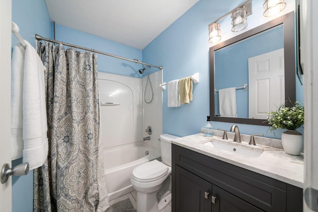 full bathroom featuring shower / bath combination with curtain, tile patterned floors, vanity, a textured ceiling, and toilet