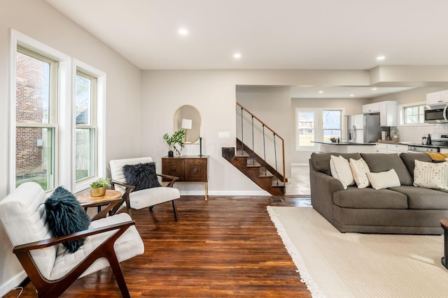 living room with dark wood-type flooring