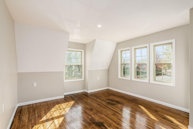 additional living space with vaulted ceiling, plenty of natural light, and dark wood-type flooring