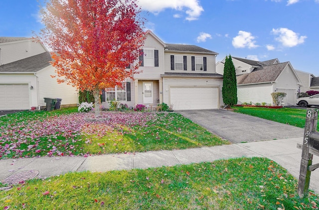 front facade with a garage and a front lawn