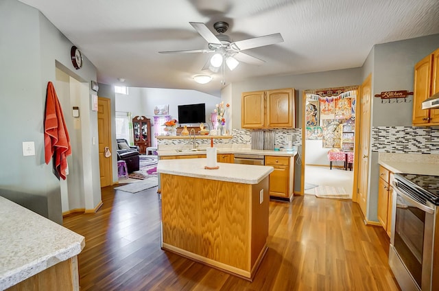 kitchen featuring decorative backsplash, wood-type flooring, and stainless steel appliances