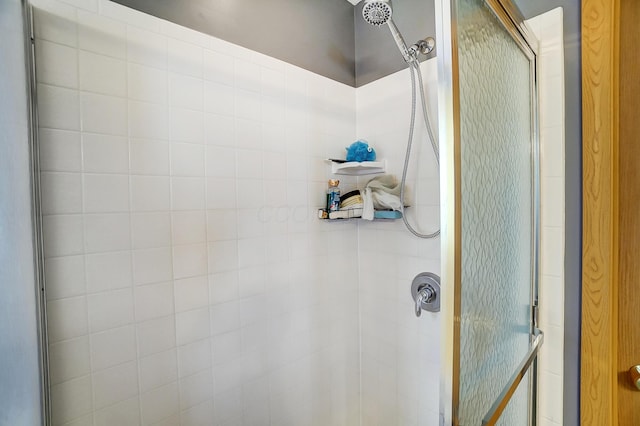 bathroom with a shower with shower door