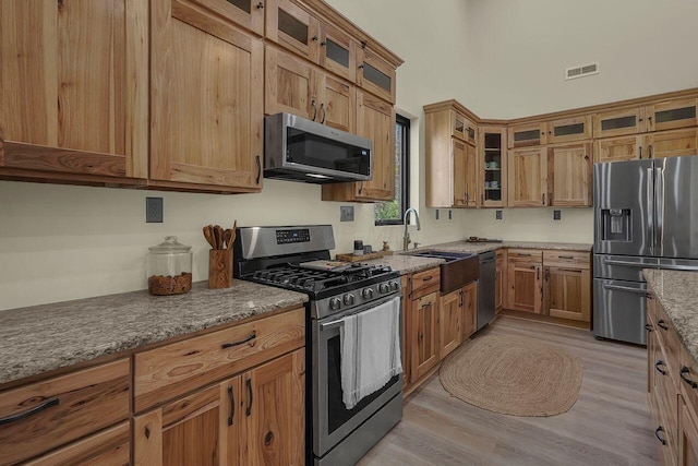 kitchen featuring sink, light wood-type flooring, light stone countertops, and stainless steel appliances