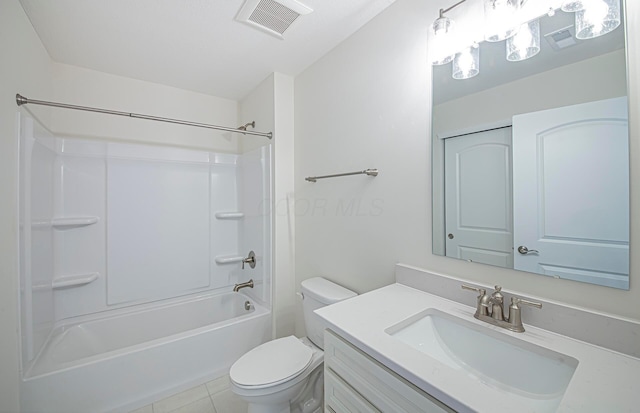 full bathroom featuring vanity, tub / shower combination, tile patterned floors, and toilet