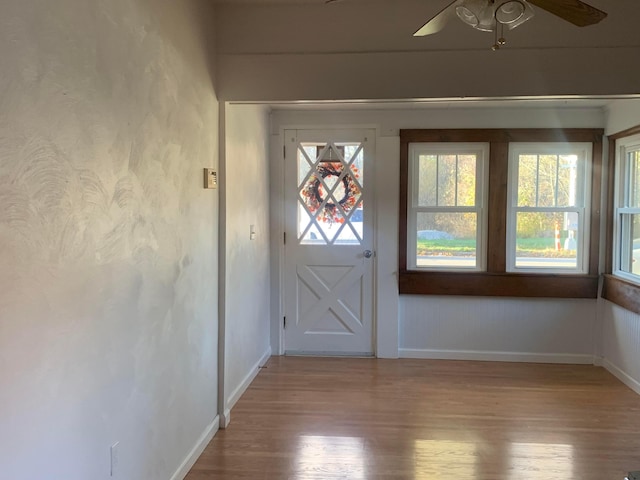 doorway featuring light wood-type flooring, a wealth of natural light, and ceiling fan