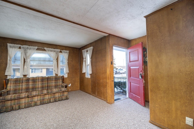 foyer with wooden walls, a textured ceiling, a wealth of natural light, and light colored carpet