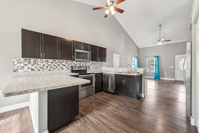 kitchen featuring high vaulted ceiling, sink, dark hardwood / wood-style flooring, kitchen peninsula, and stainless steel appliances