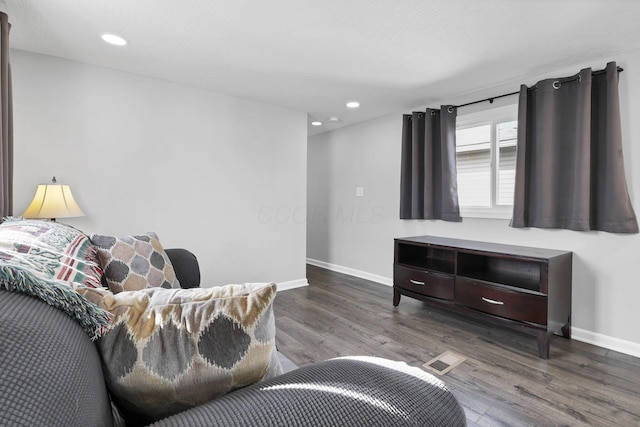 living room featuring dark wood-type flooring