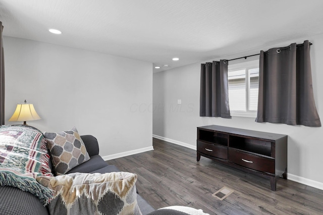 living room featuring dark wood-type flooring