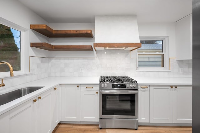 kitchen with white cabinetry, sink, stainless steel gas range, backsplash, and custom exhaust hood