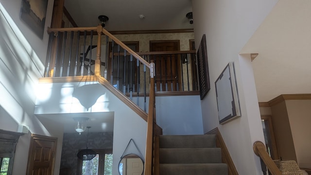 stairway featuring a high ceiling