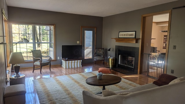 living room featuring a tile fireplace and light hardwood / wood-style flooring