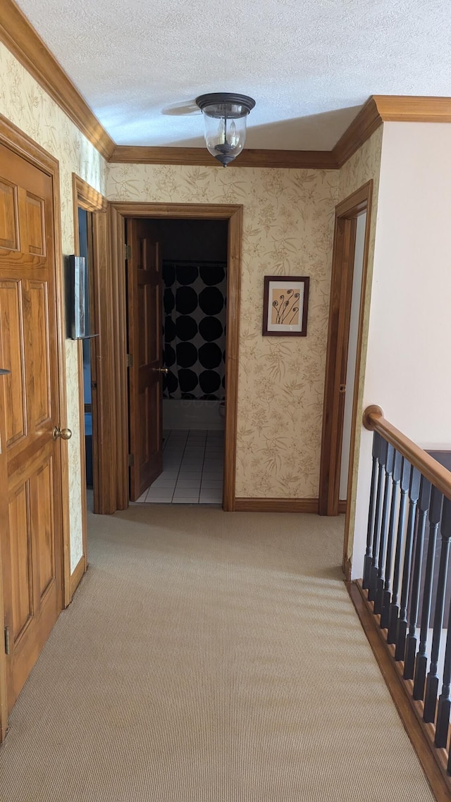 corridor featuring crown molding, light colored carpet, and a textured ceiling