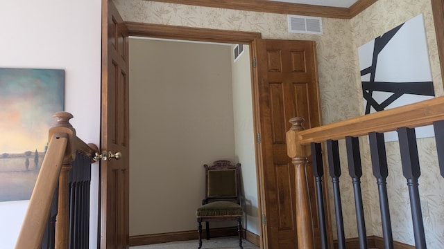 stairs with crown molding