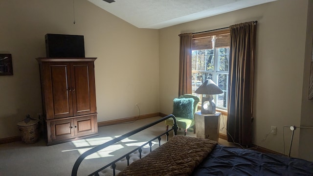 carpeted bedroom featuring a textured ceiling, multiple windows, and lofted ceiling