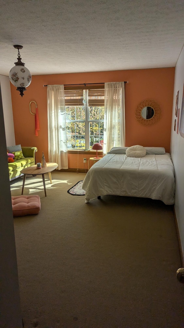 carpeted bedroom with a textured ceiling