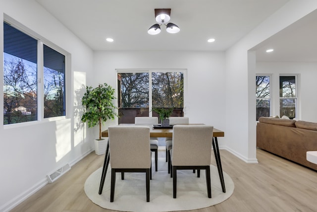 dining room featuring a notable chandelier, plenty of natural light, and light hardwood / wood-style flooring